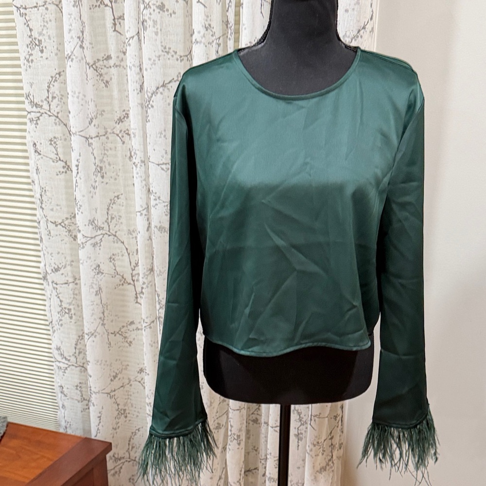 WAYF (Nordstrom) Dark Green satin Blouse with Feather Cuffs NWT medium